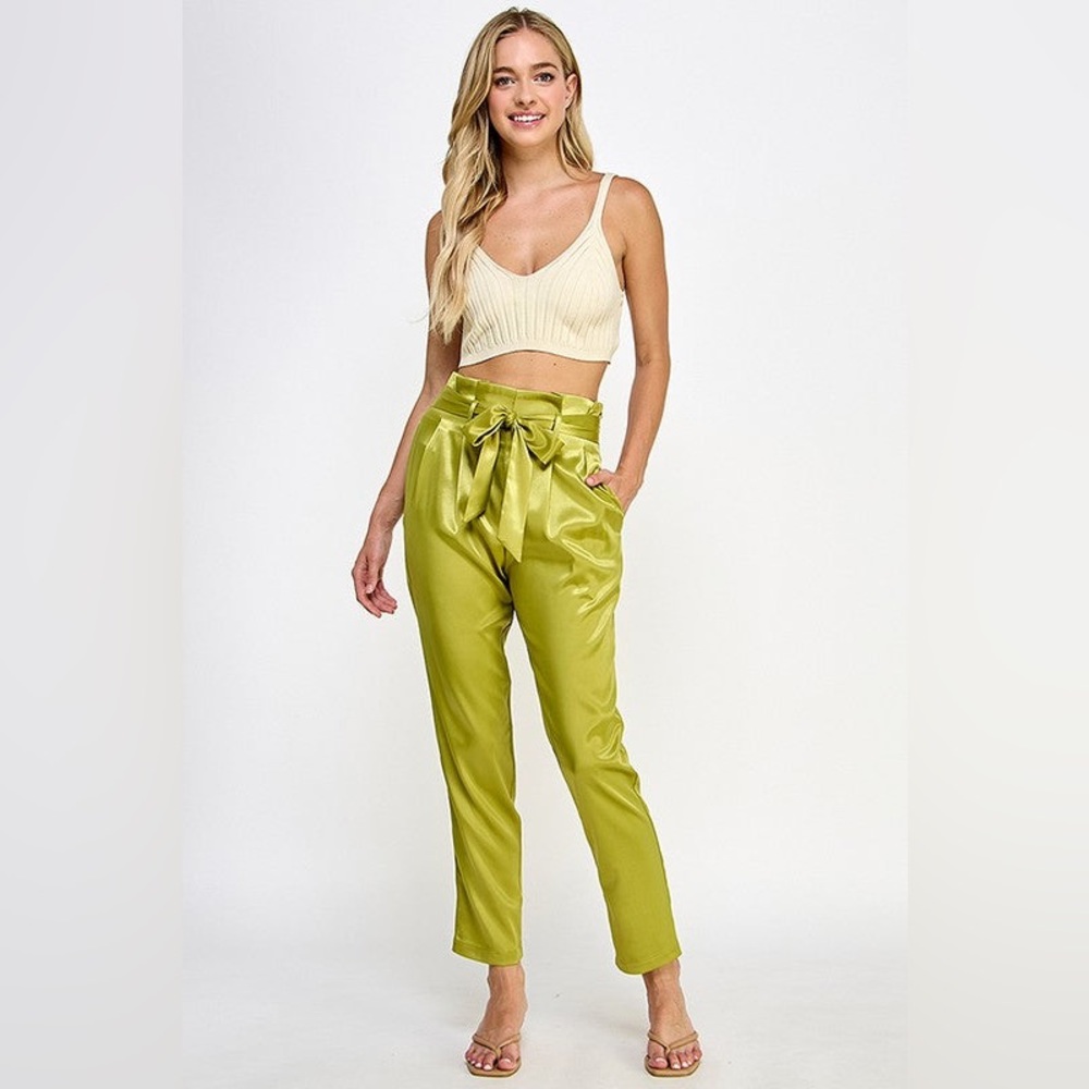 High-Waist Tie-Waist Satin Trousers — Lime Green
